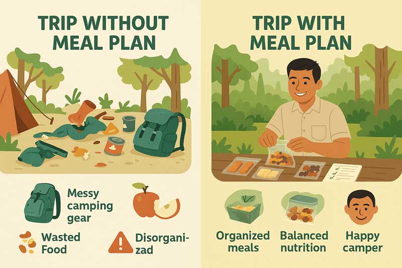 Infographic showing a 3-day camping meal plan with daily breakdown