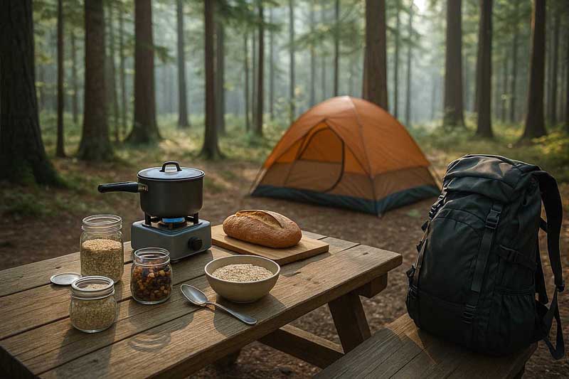 Meal-first approach setup at a forest campsite