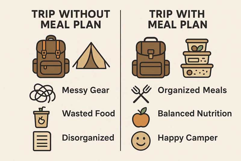Infographic comparing camping trips with and without meal planning