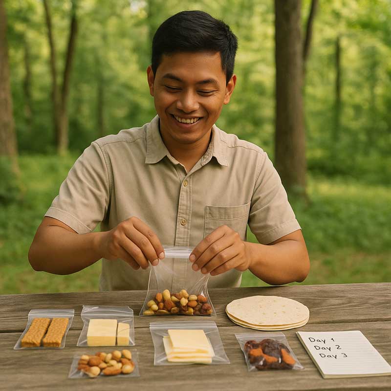 Camper preparing and organizing meals for camping trip